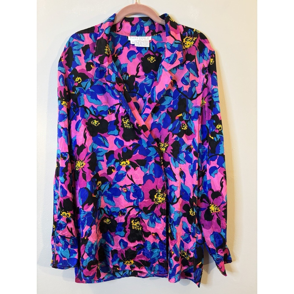 VTG FLORA KUNG Bright Floral Double‎ Breasted Blouse 12 Hot Pink Dopamine